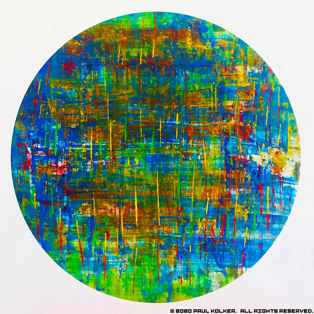 Paul Kolker's abstract painting, ibn ezra's orbs decalcomania bezold blanc op.9, 2020