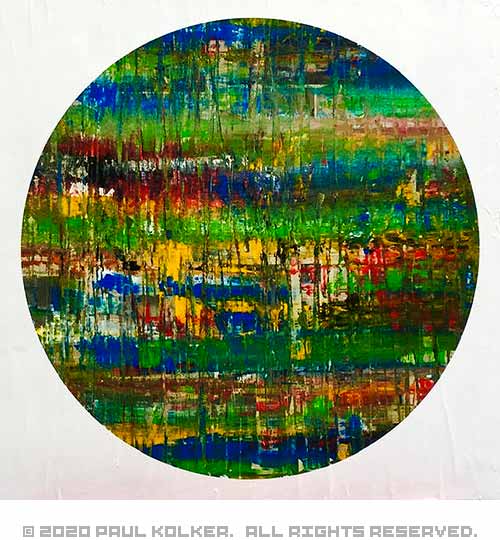 Paul Kolker's abstract painting,  ibn ezra’s orbs decalcomania bezold blanc op.6, 2020